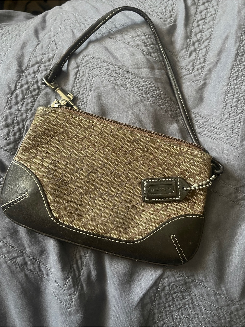 Coach Brown Signature Canvas Wristlet with Dark Brown Leather Trim